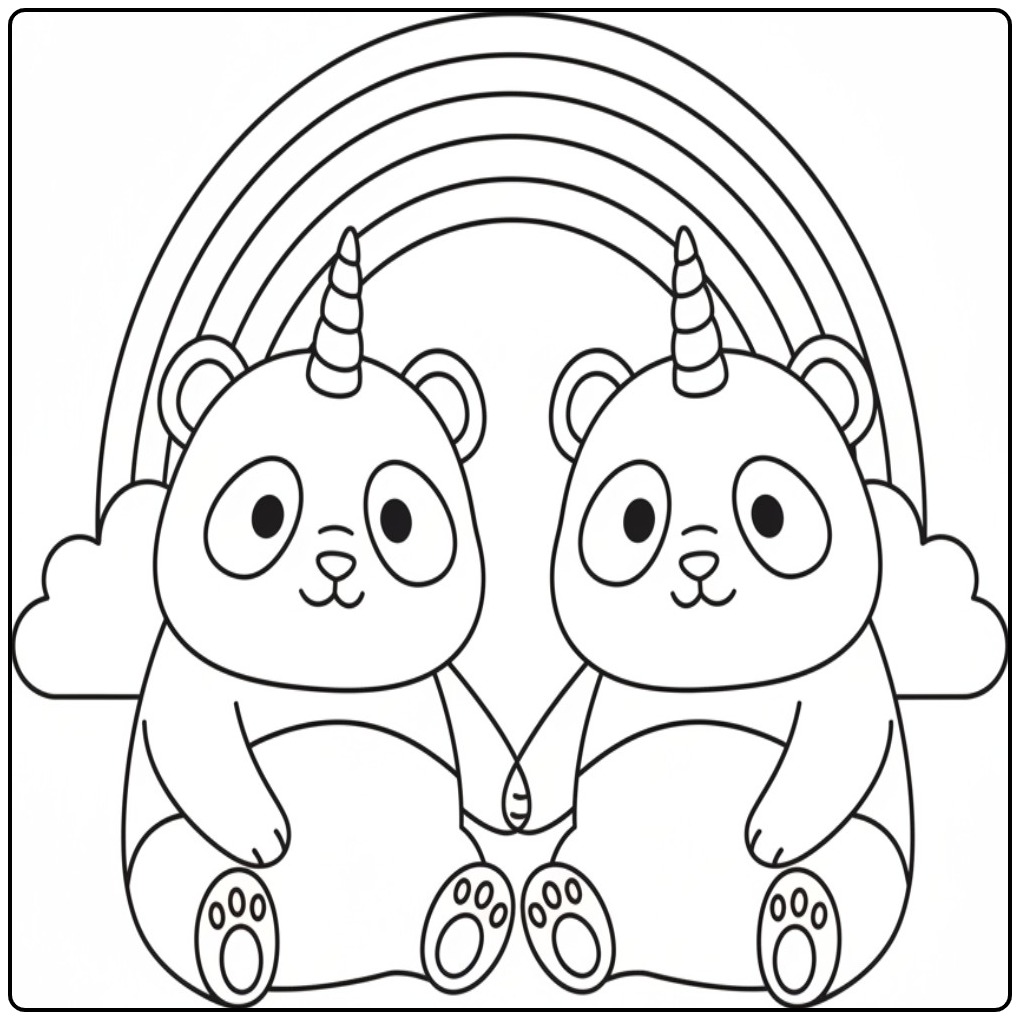 Twee schattige vriendjes op een unicorn panda kleurplaat.