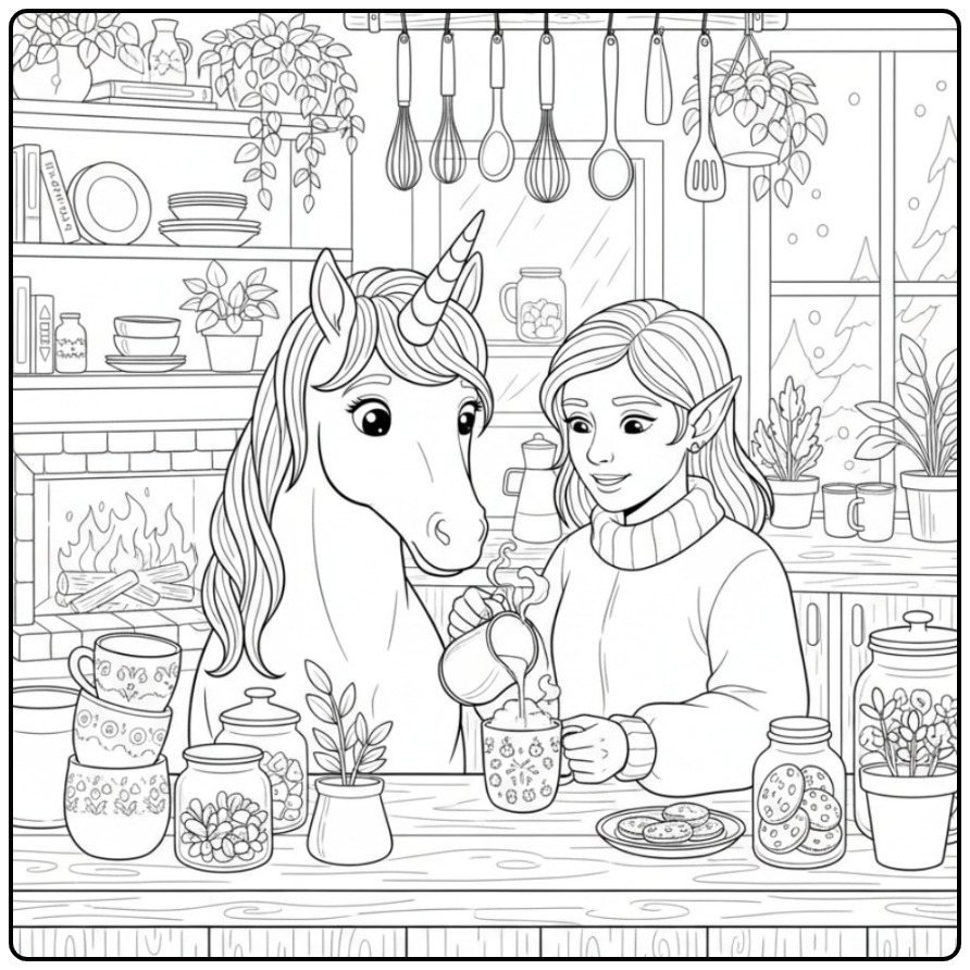 Een gezellige scène met een kleurplaat elfje en eenhoorn.