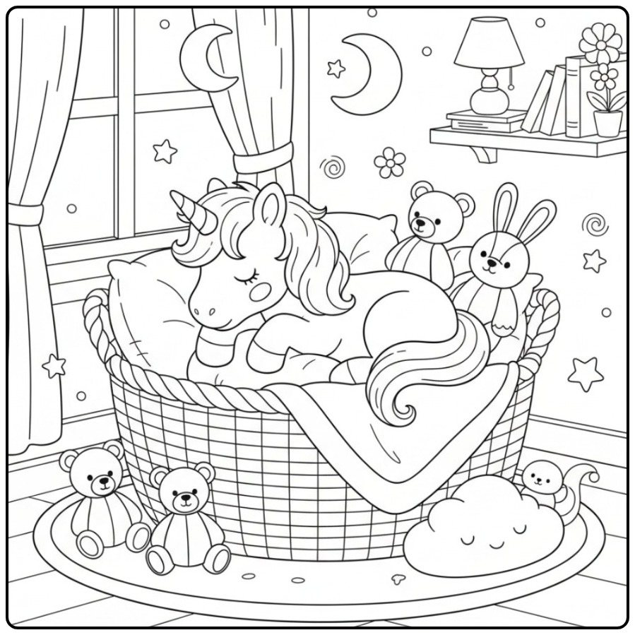Schattige Makkelijke baby unicorn slaap kleurplaat in een mand.