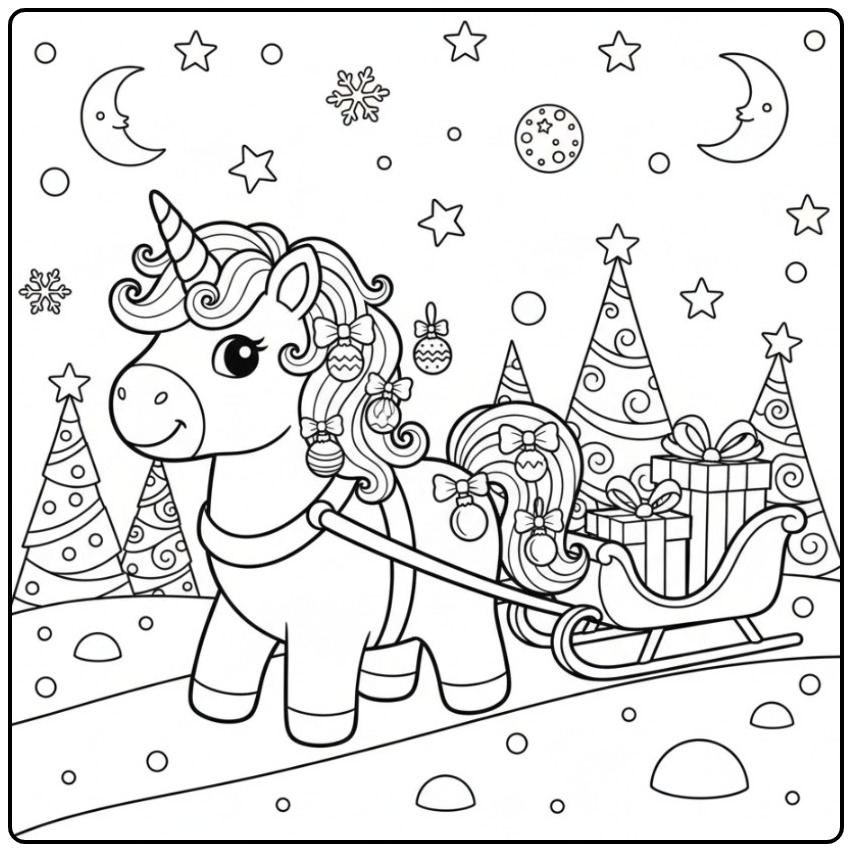 Een Makkelijke kerst unicorn kleurplaat met een arrenslee.