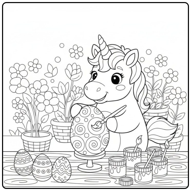 Een schattige Makkelijke paas unicorn kleurplaat met eieren.