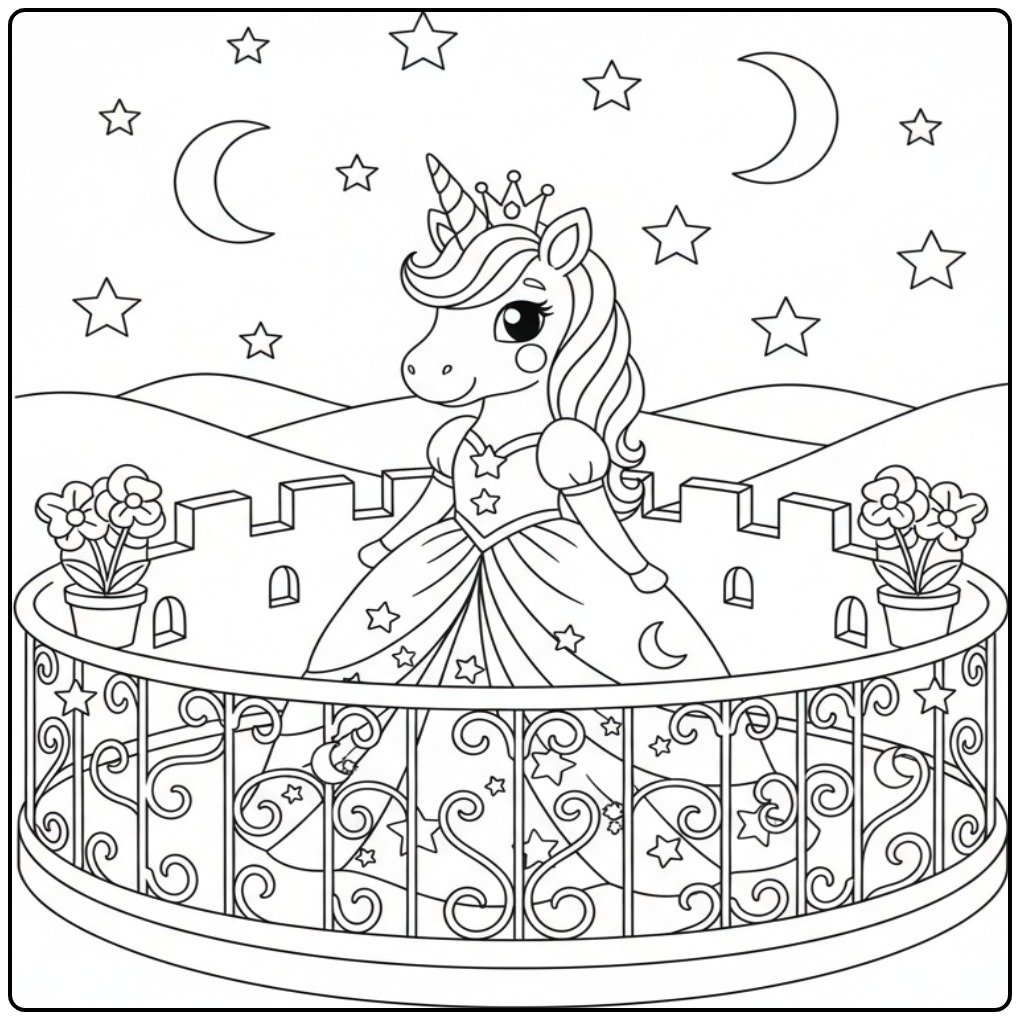 Een lieve Makkelijke unicorn prinses kleurplaat op een balkon.
