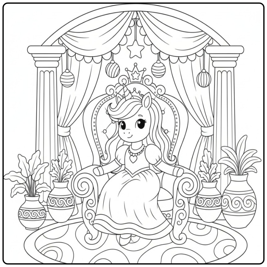 Een schattige Makkelijke unicorn prinses kleurplaat op een troon.