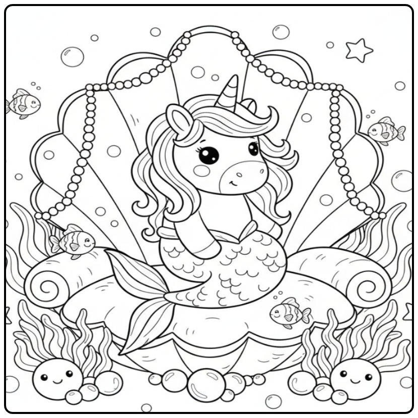 Een Makkelijke unicorn zeemeermin kleurplaat in een grote schelp.