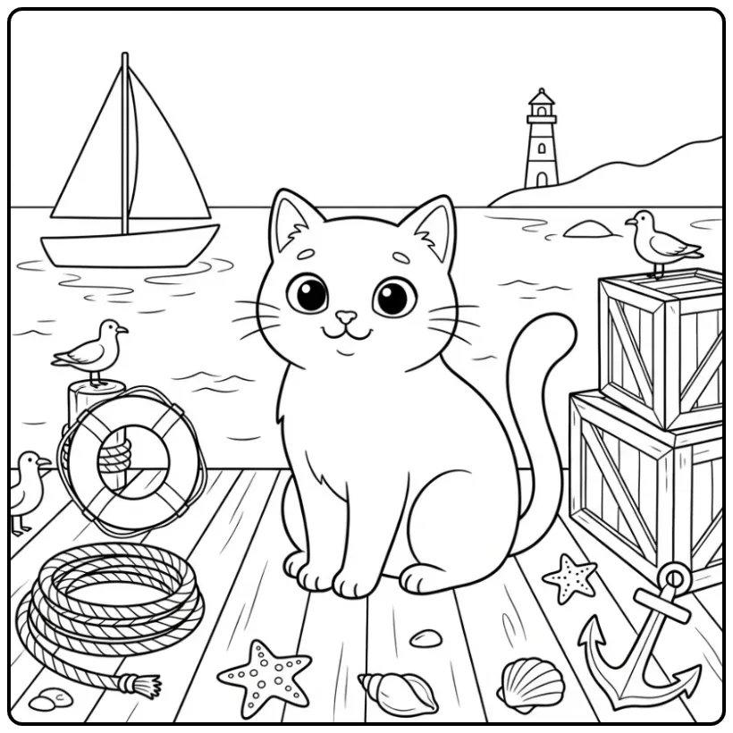 Leuke kleurplaat kat zittend aan de haven met touw.