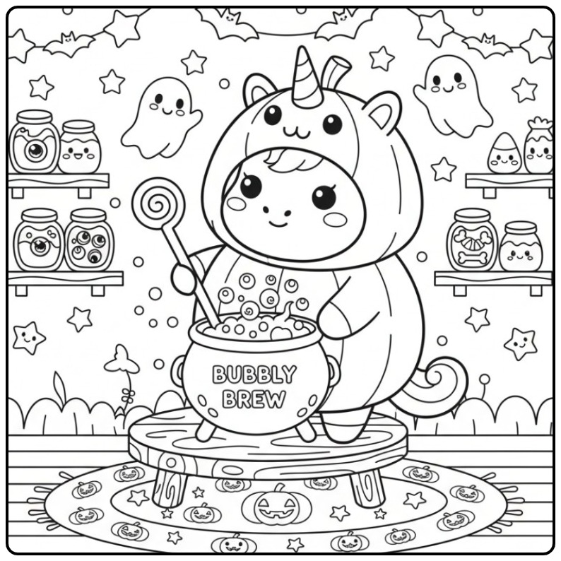 Een Schattige unicorn halloween kleurplaat met een magische ketel.