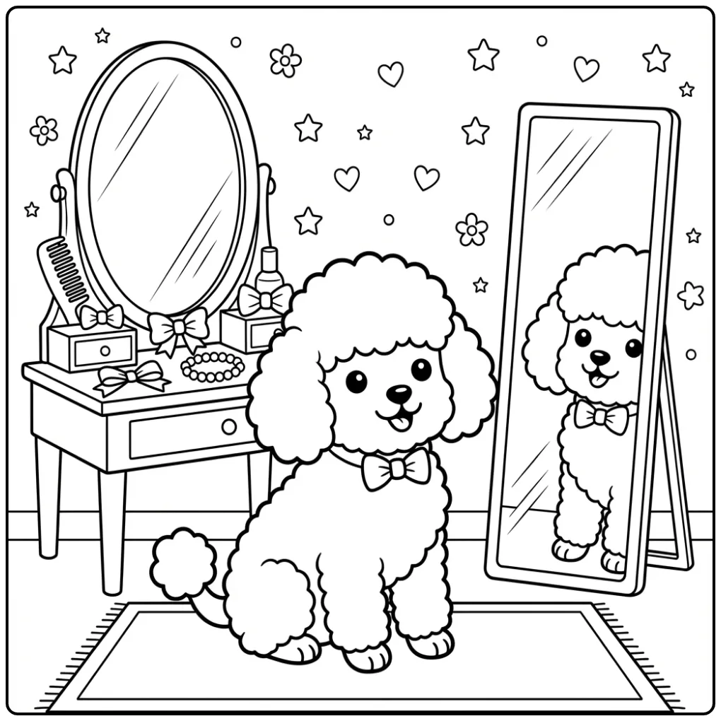 Schattige kleurplaat puppy poedel met strikje en spiegel.