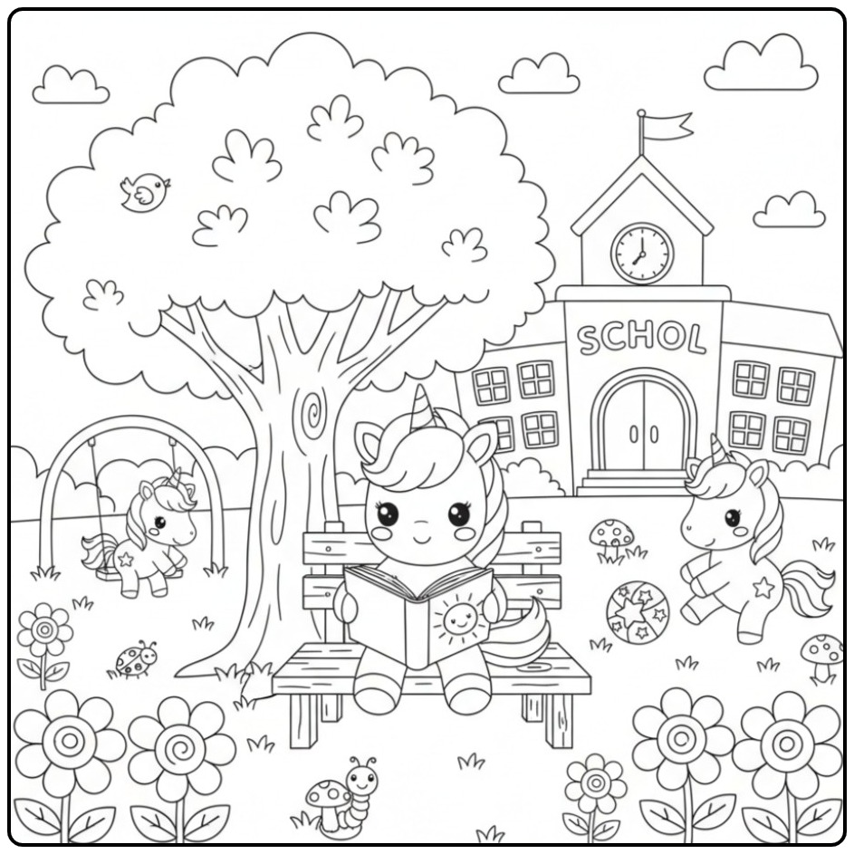 Vrolijke Kleurplaat baby unicorn op school met vriendjes.