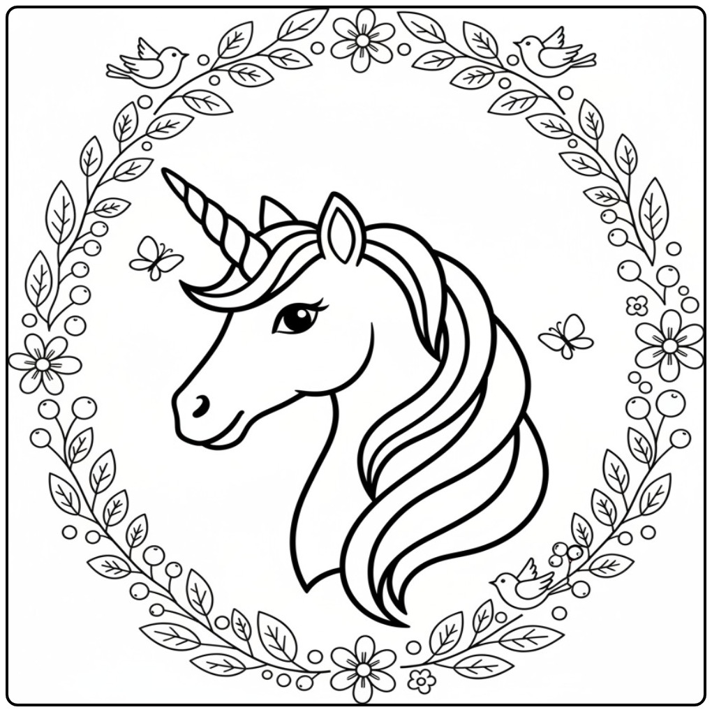 Een lieve kleurplaat eenhoorn hoofd in een bloemenkrans.