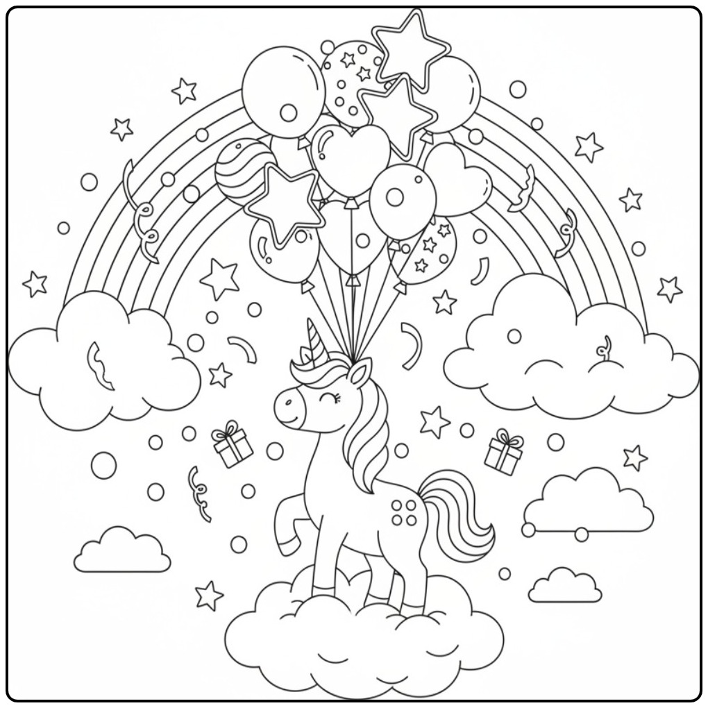 Vrolijke Kleurplaat eenhoorn met verjaardagsballonnen en confetti