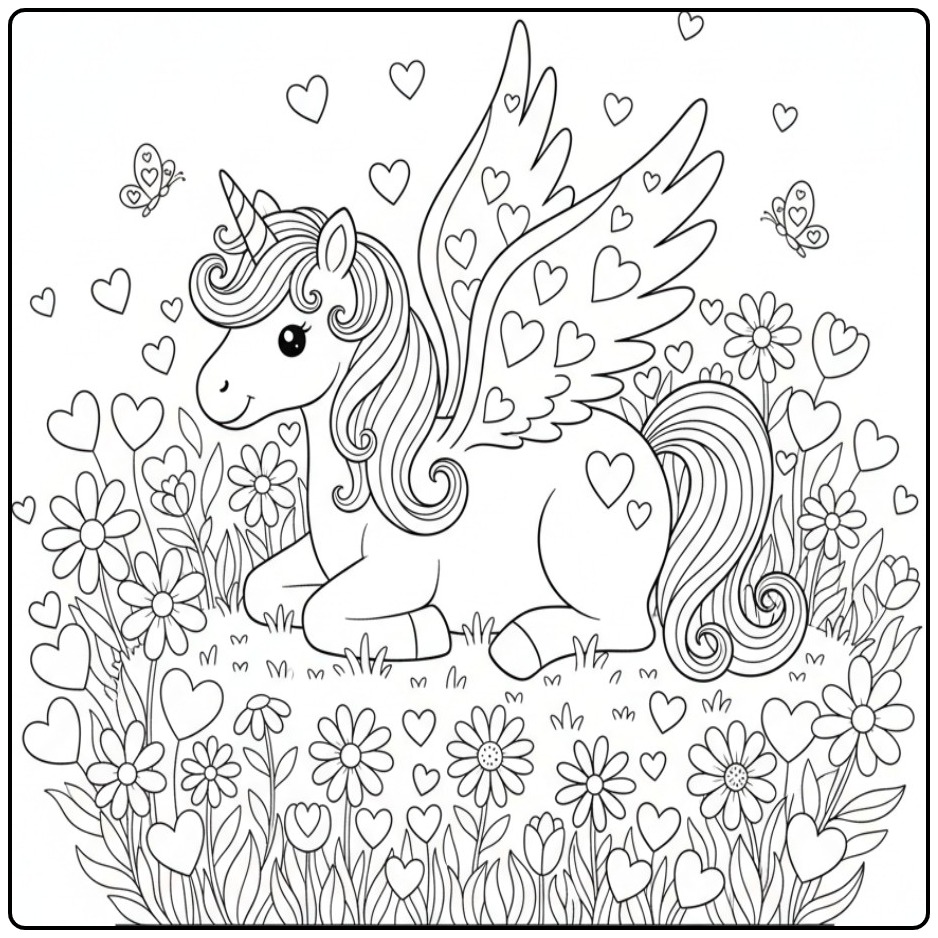 Schattige Kleurplaat eenhoorn met vleugels en hartjes.