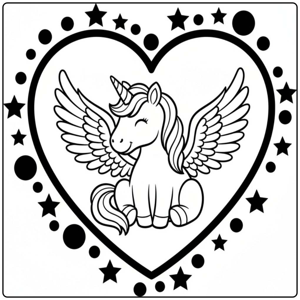 Een lieve kleurplaat eenhoorn met vleugels in een hartje.