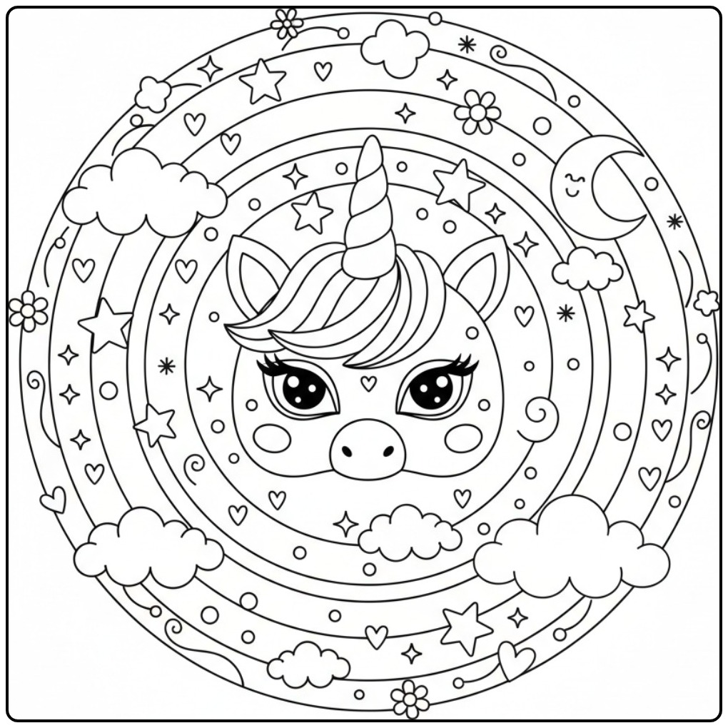 Kleurplaat eenhoorn regenboog masker, omringd door sterren en hartjes.