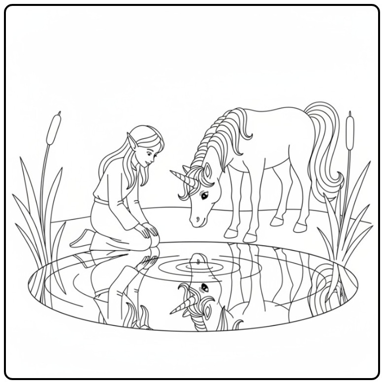 Een magische kleurplaat elfje en eenhoorn bij een spiegelende vijver.