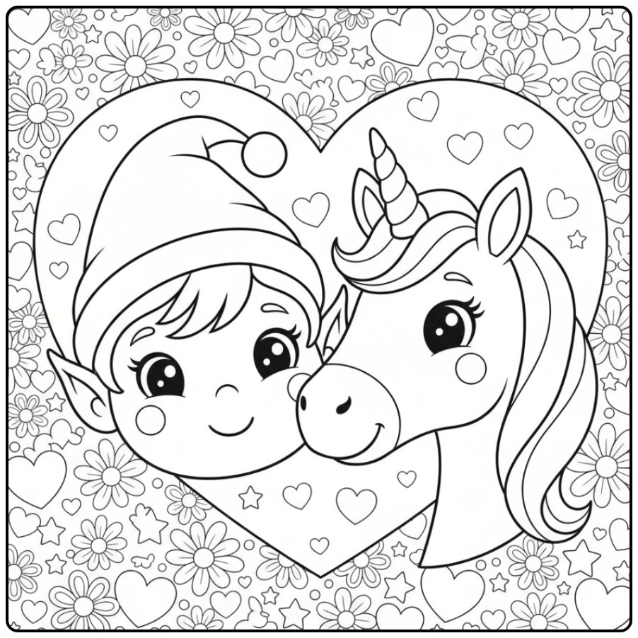 Schattige Kleurplaat elfje en eenhoorn met hartjes en bloemen.
