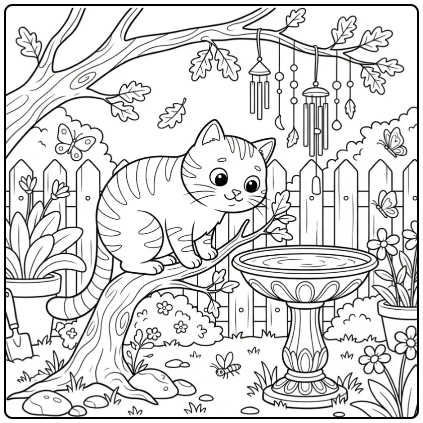 Leuke kleurplaat kat op een boomtak in de achtertuin.