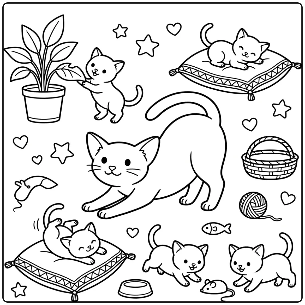 Een schattige kleurplaat kat met kittens die spelen bij planten.