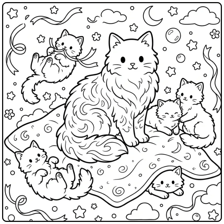 Kleurplaat kat met kittens op een zacht deken met sterren.