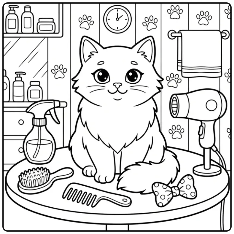 Schattige kleurplaat kat in de trimsalon met verzorgingsspullen.