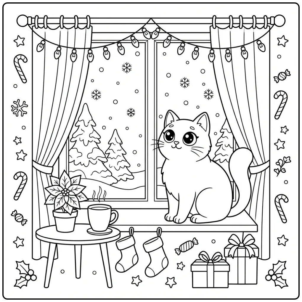 Een schattige kleurplaat kerst kat kijkend naar de sneeuw.