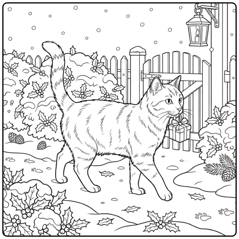 Schattige kleurplaat kerst kat in de sneeuw met cadeau.