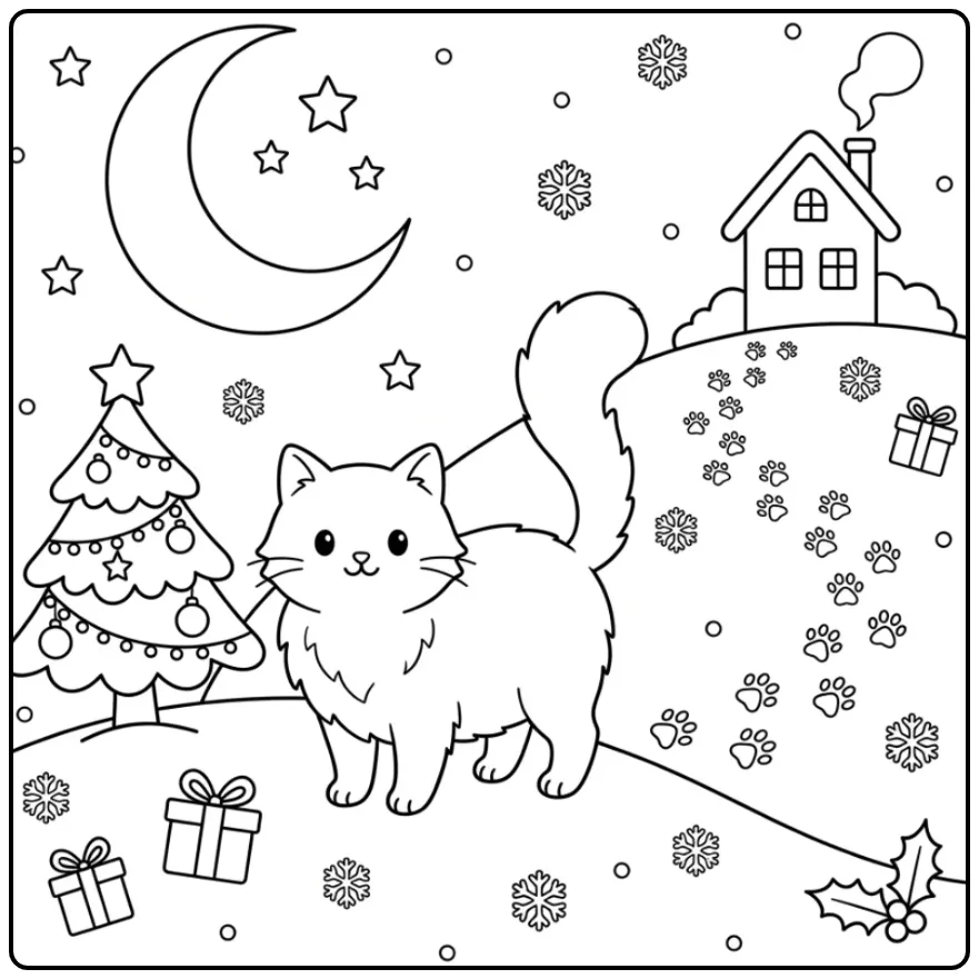 Leuke kleurplaat kerst kat in de sneeuw bij een kerstboom