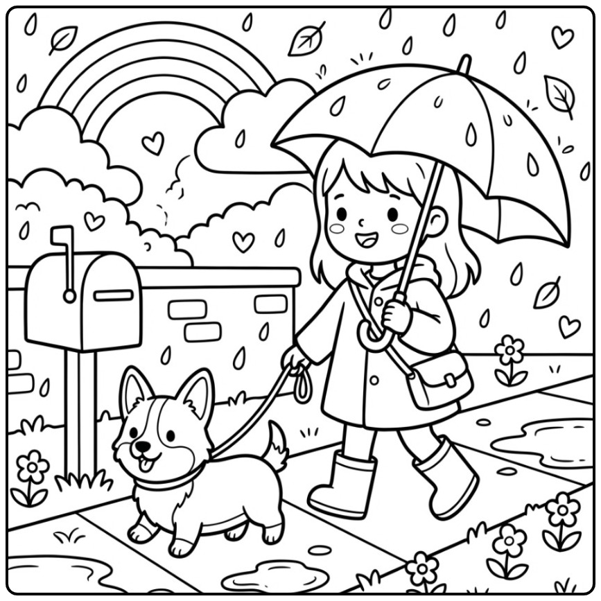 Een vrolijke kleurplaat meisje met hond en paraplu in de regen.