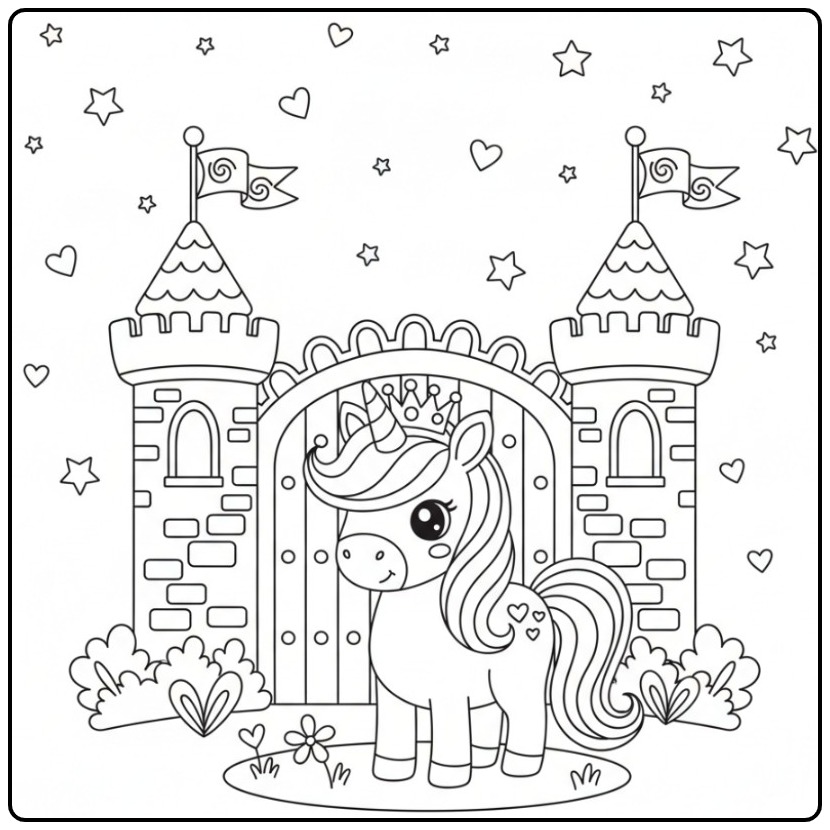 Leuke kleurplaat prinses eenhoorn met kasteel en sterren.