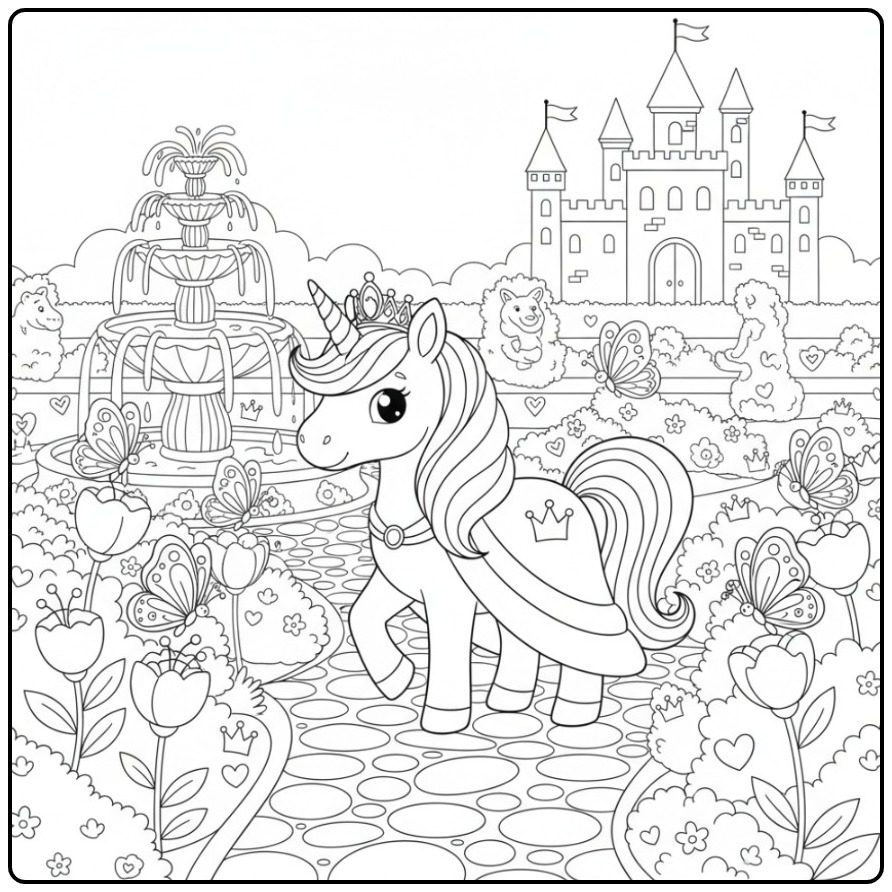 Kleurplaat prinses unicorn en vlinders in sprookjestuin bij kasteel