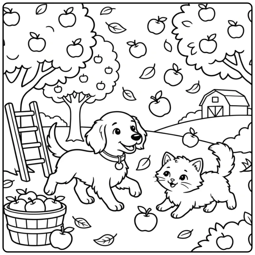 Leuke kleurplaat puppy en kitten in een herfst boomgaard.