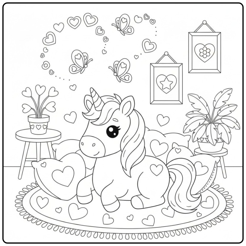Leuke Kleurplaat unicorn en vlinders hartjes op een tapijt met kussens.
