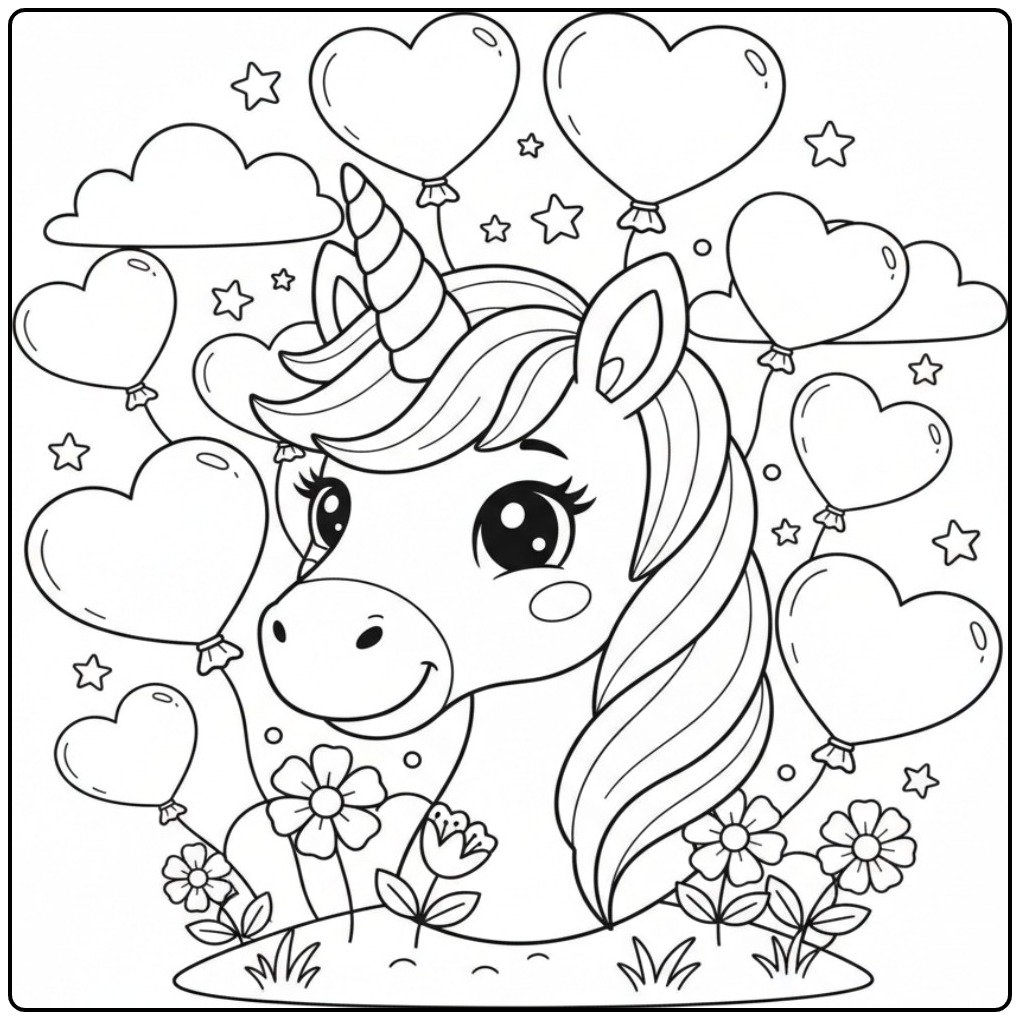 Schattige Kleurplaat unicorn hoofd met hartjes en ballonnen.