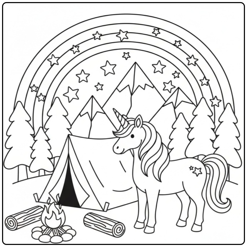 Een vrolijke kleurplaat unicorn regenboog bij een kampvuur.
