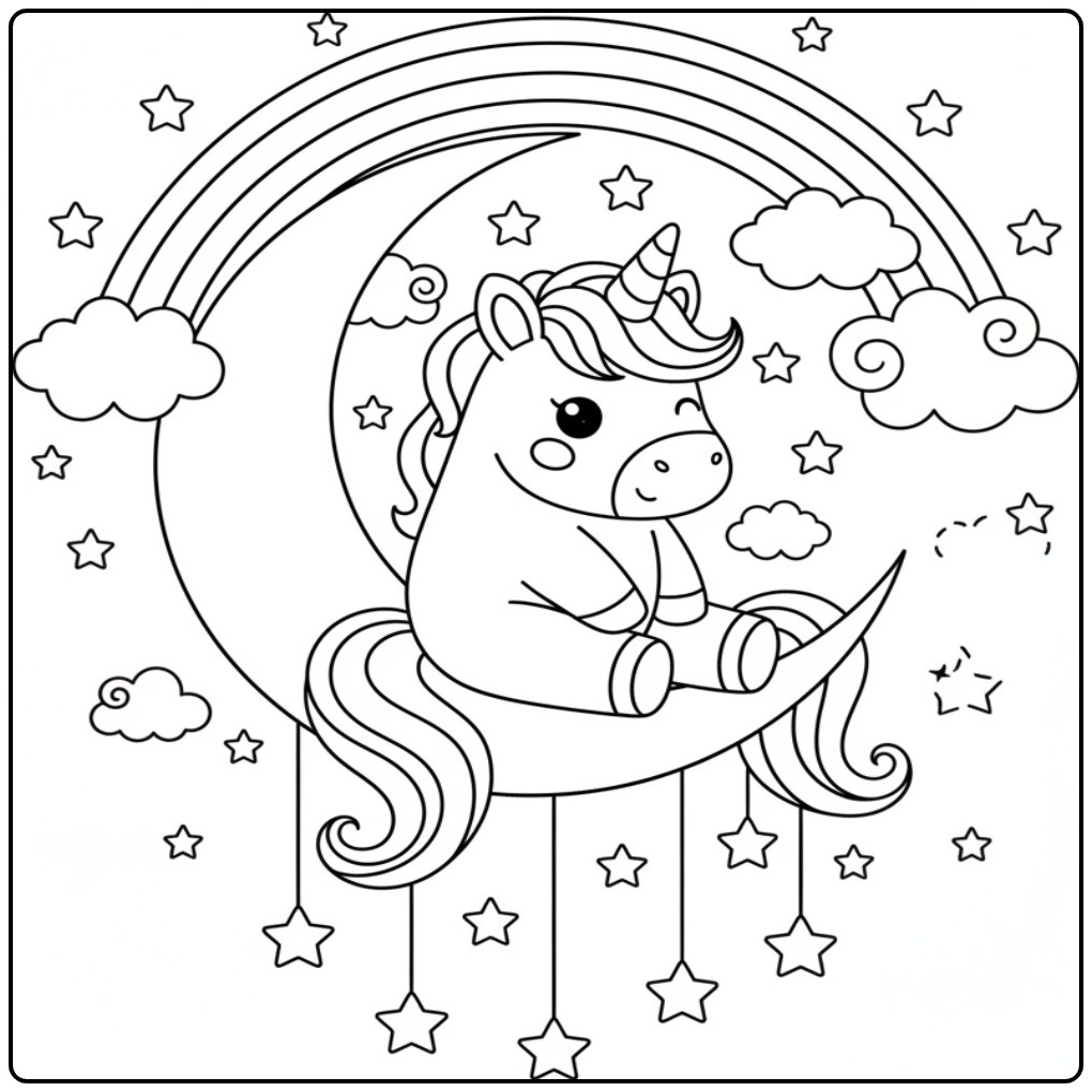 Schattige kleurplaat unicorn regenboog die op de maan zit.