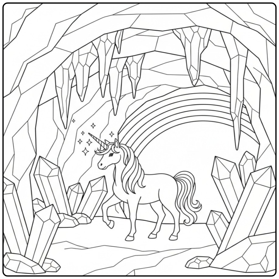 Magische kleurplaat unicorn regenboog in een kristallen grot.