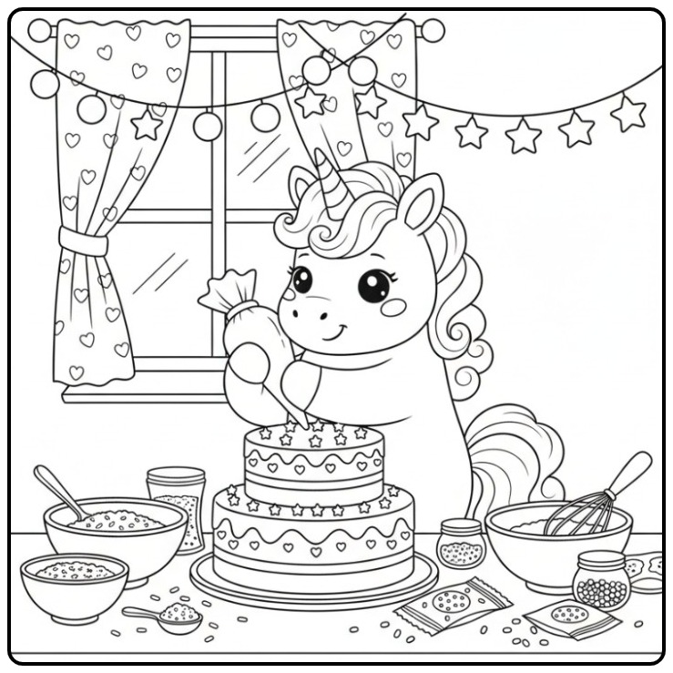 Kleurplaat unicorn taart versieren, vrolijk bakplezier!