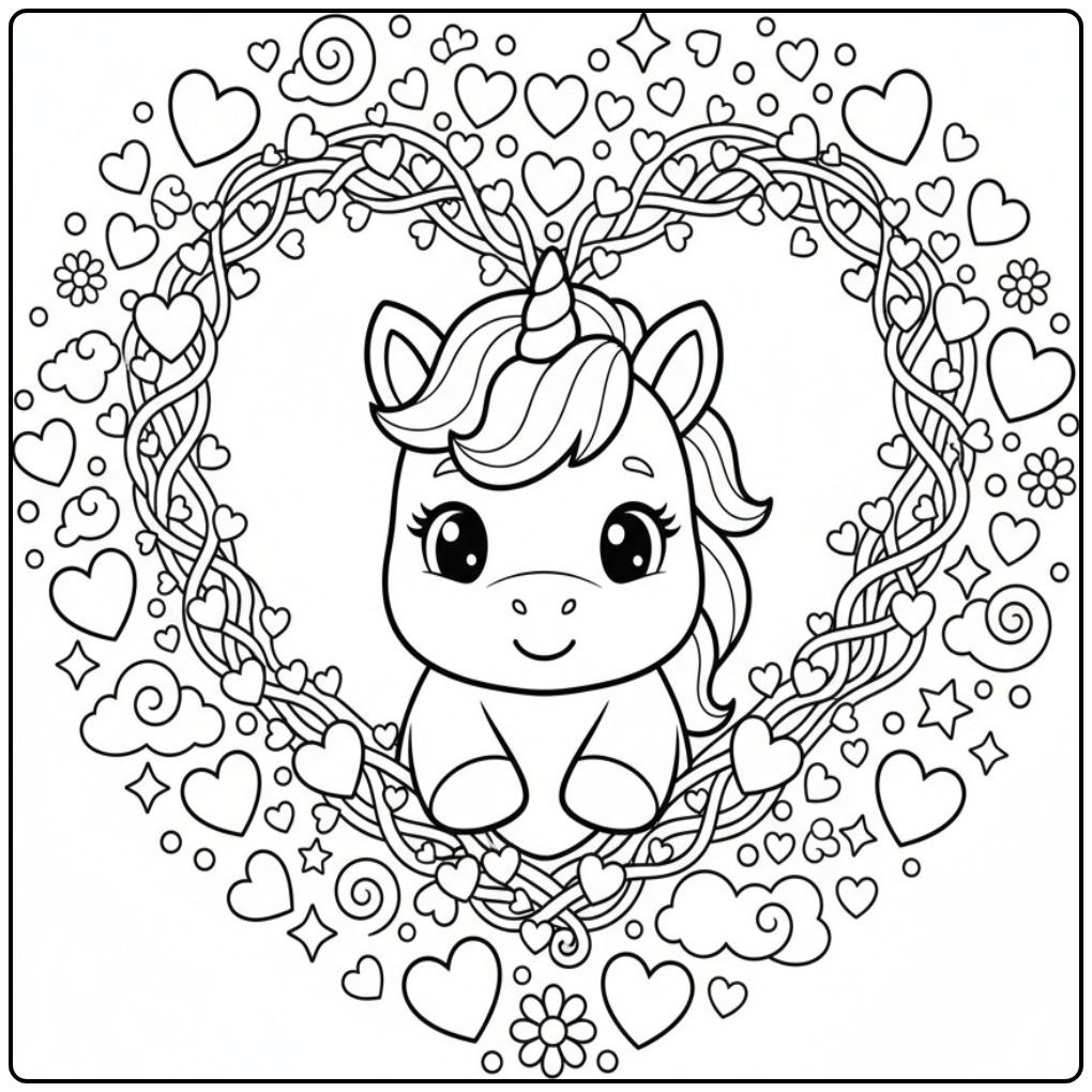 Schattige kleurplaat van baby unicorn met hartje om te printen.