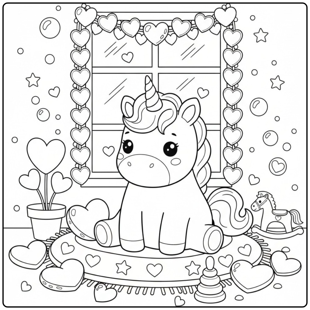 Schattige kleurplaat van baby unicorn met hartje en speelgoed.