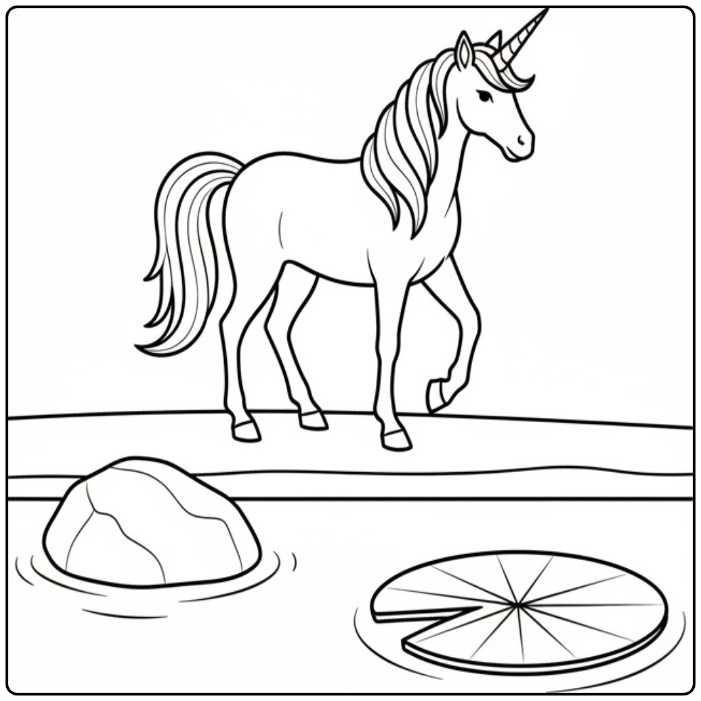 Een elegante unicorn kleurplaat makkelijk bij een rustige vijver.