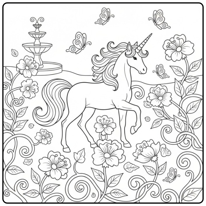 Een sierlijke unicorn kleurplaat makkelijk in een magische tuin.