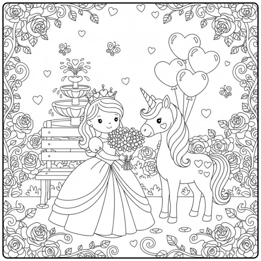 Schattige Valentijnshartjes prinses eenhoorn kleurplaat met rozen.