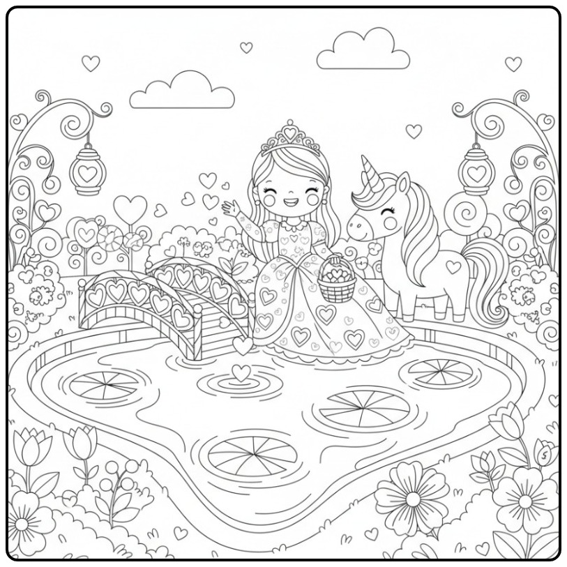 Vrolijke Valentijnshartjes prinses eenhoorn kleurplaat in een tuin.
