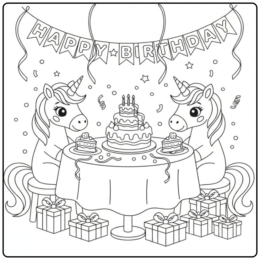 Leuke verjaardag taart kleurplaat eenhoorn, vol cadeaus en feest.