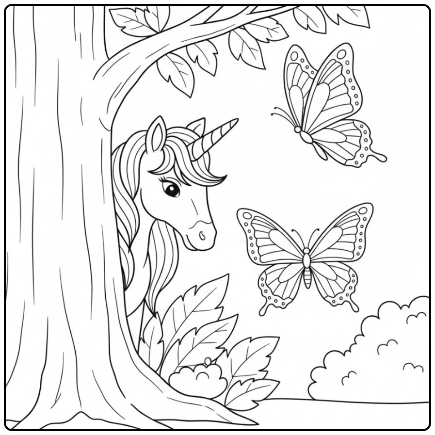 Schattige vlinders kleurplaat unicorn, klaar om in te kleuren.