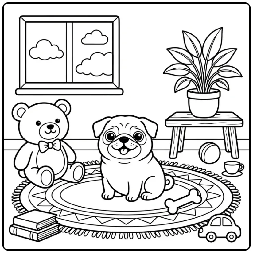 Schattige mopshond puppy kleurplaat makkelijk met knuffelbeer