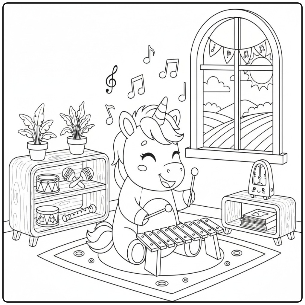Een vrolijke Kleurplaat baby unicorn op school speelt muziek.