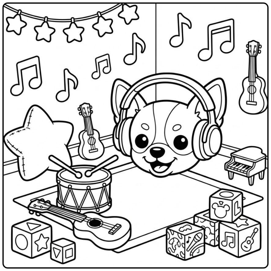 Leuke kleurplaat hondenkop met koptelefoon, ukelele en drum.