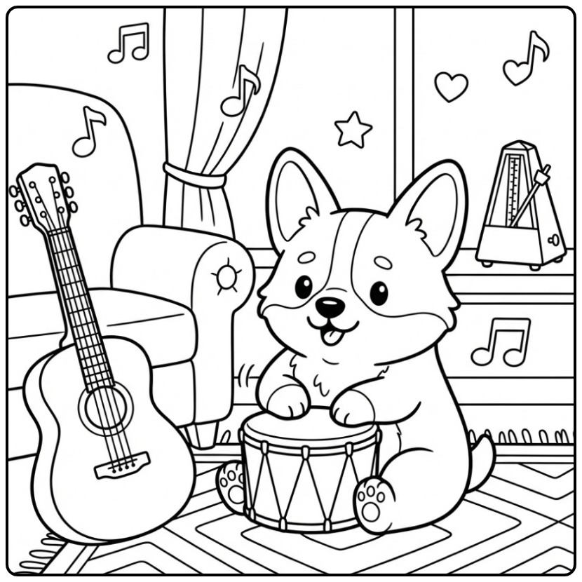 Een schattige corgi kleurplaat met een drum en gitaar.