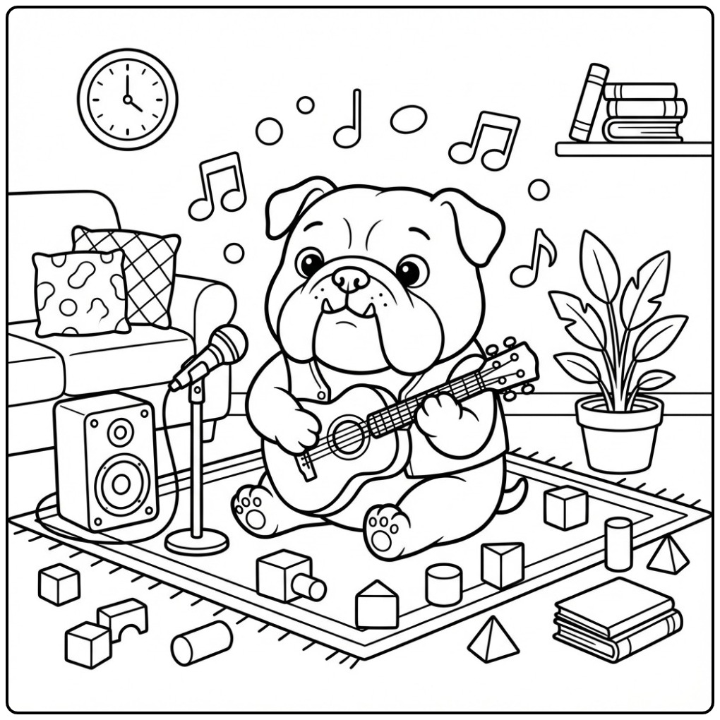 Een leuke kleurplaat bulldog die gitaar speelt in een kamer.