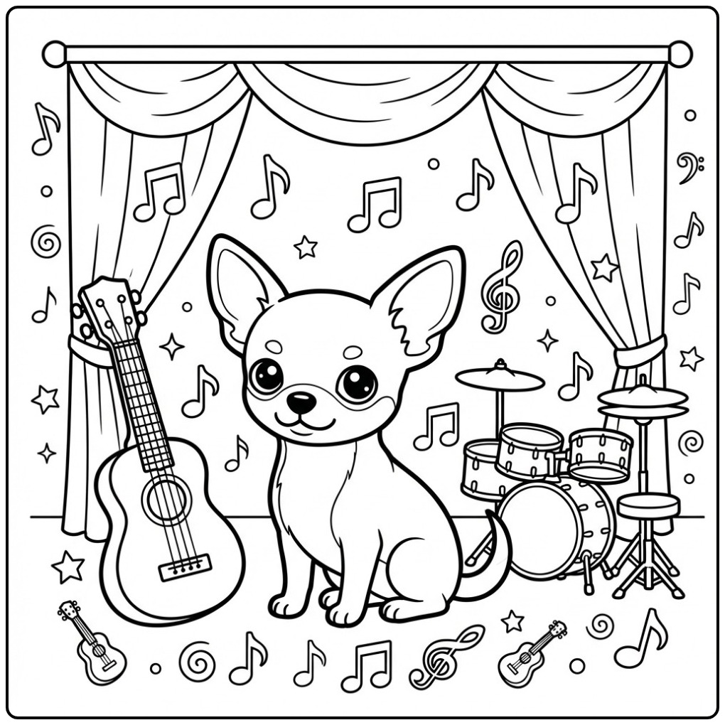 Een schattige kleurplaat chihuahua op een podium met muziek.